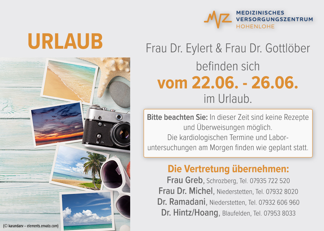 Frau Dr. Eylert und Frau Dr. Gottlöber befinden sich vom 22. - 06.05.2026 im Urlaub.